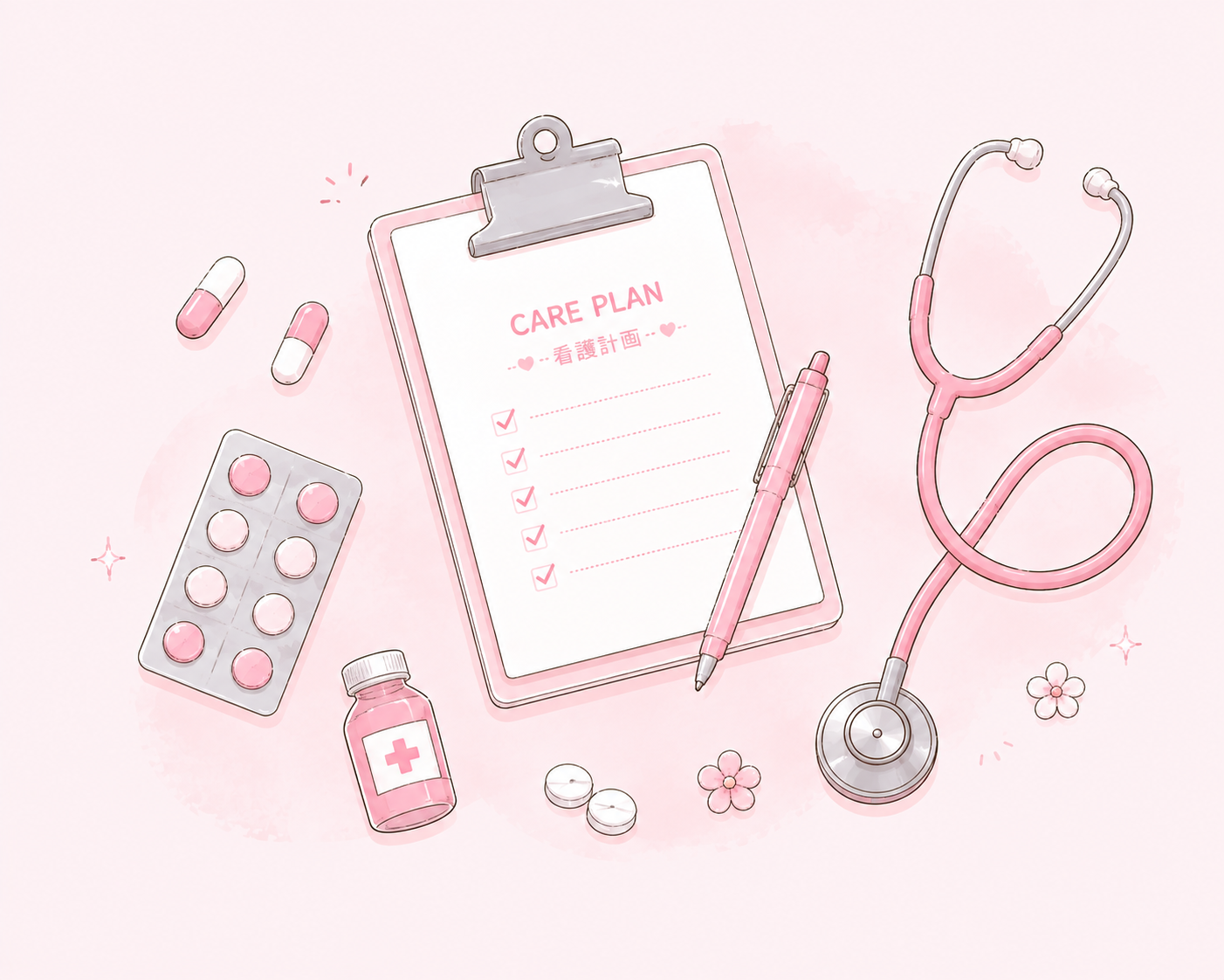 看護計画のクリップボードと聴診器のイラスト