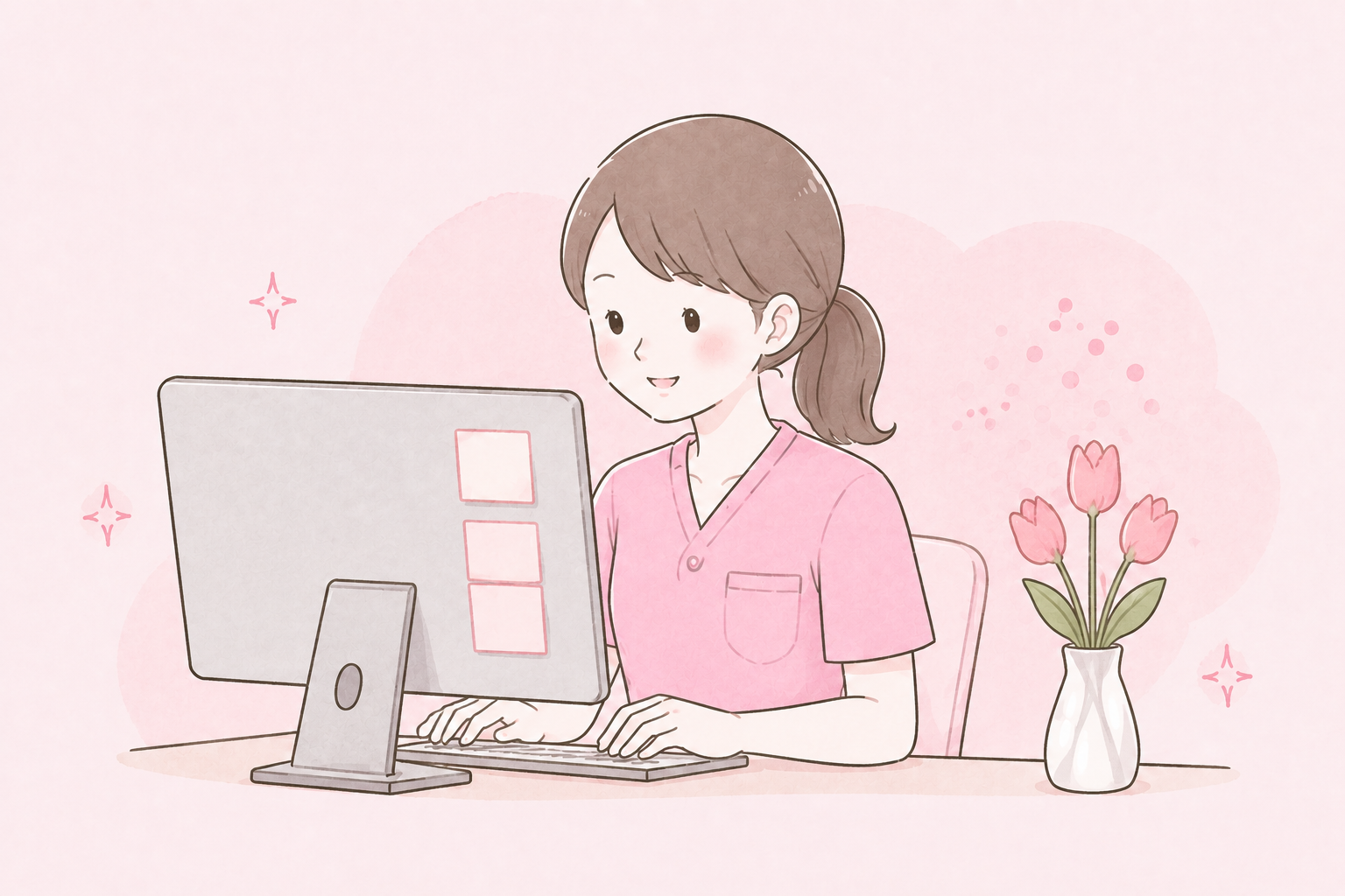 パソコンで求人情報を調べている看護師のイラスト